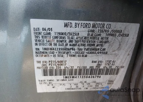 2005 Mercury Montego Luxury from USA, damaged, VIN 1MEFM41135G626796